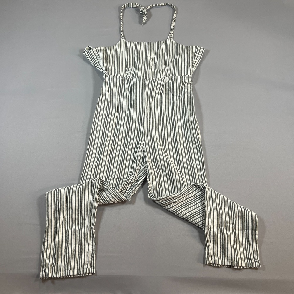 Amuse Society Jumpsuit Womens Medium White Gray Striped Tie Back Square Neckline